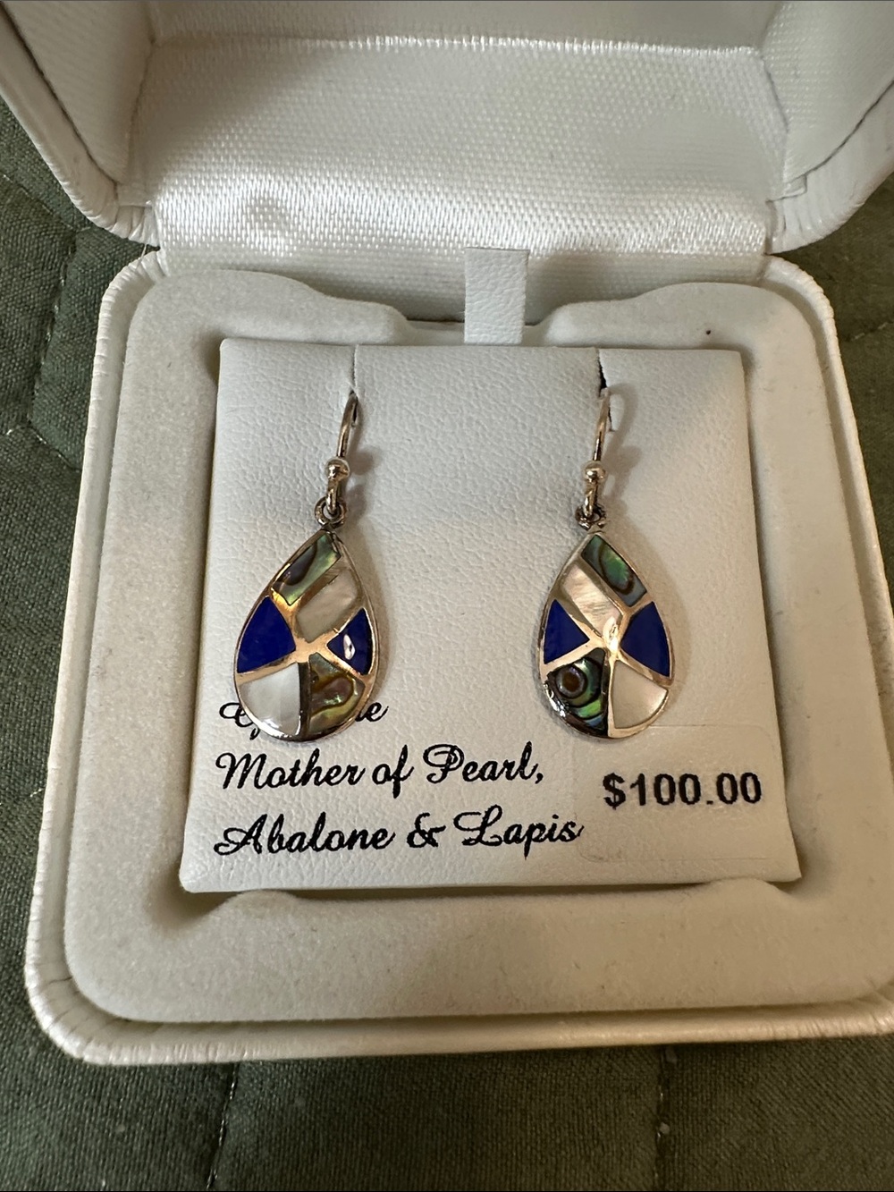 Genuine Mother of Pearl, Abalone and Lapis Sterling Silver Dangle Earrings
